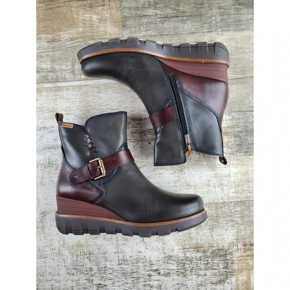Pikolinos Sanlucar Womens Ankle Boots Sz 8.5 - 9 Lead Leather Buckle Side Zip
